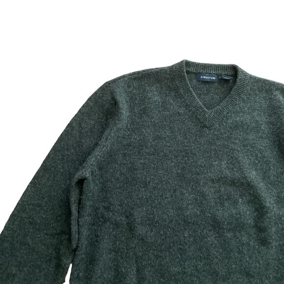 1990s VTG Structure 100% Lambswool Charcoal Gray V-neck Sweater Size Large - Picture 2 of 5